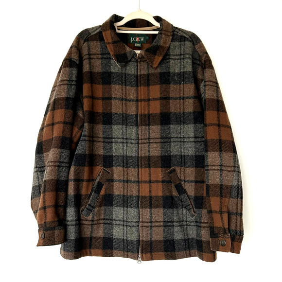 Vintage J.Crew Wool Plaid Zip Jacket Brown Gray Check Oversized Made in USA sz L - Picture 2 of 16